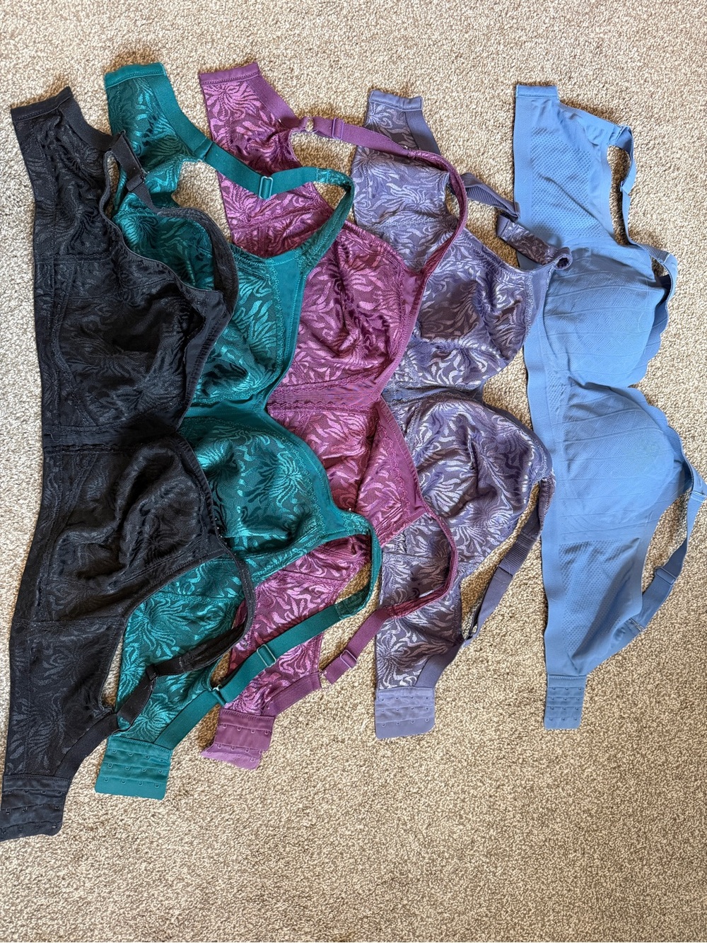5 Lace-Overlay Wireless Bras — Black, Teal, Plum, Lavender, Blue